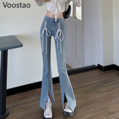 Vintage slatke traper hlače visokog struka, široke ženske šik hlače na vezanje, uske čizme, ženske ulične Y2K traperice, hlače za djevojčice