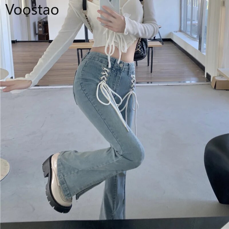 Vintage slatke traper hlače visokog struka, široke ženske šik hlače na vezanje, uske čizme, ženske ulične Y2K traperice, hlače za djevojčice