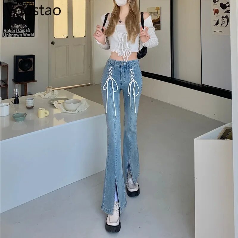 Vintage slatke traper hlače visokog struka, široke ženske šik hlače na vezanje, uske čizme, ženske ulične Y2K traperice, hlače za djevojčice