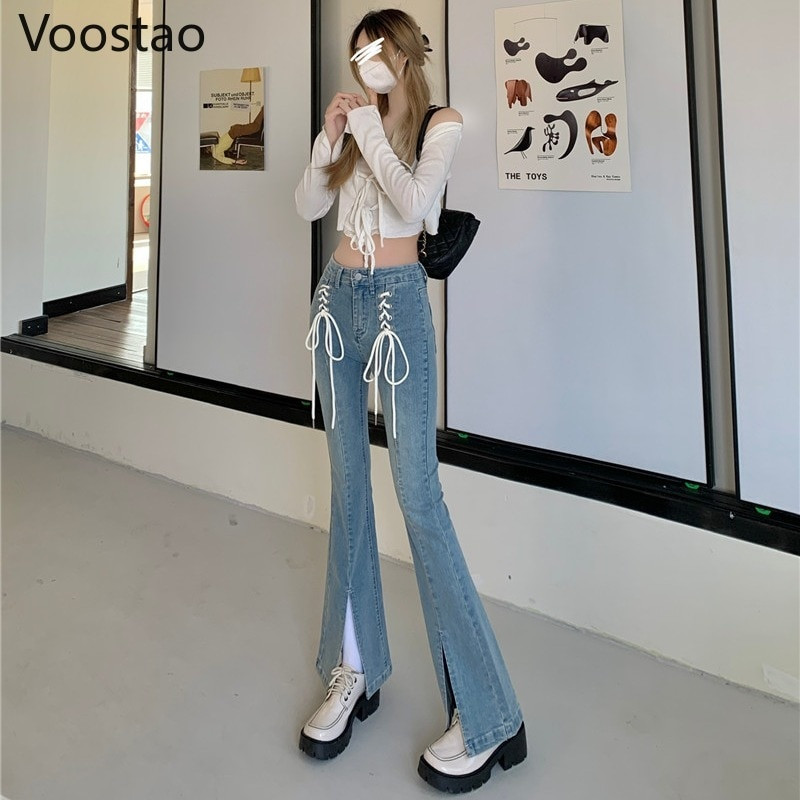 Vintage slatke traper hlače visokog struka, široke ženske šik hlače na vezanje, uske čizme, ženske ulične Y2K traperice, hlače za djevojčice