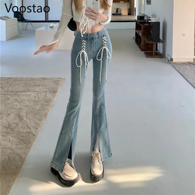 Vintage slatke traper hlače visokog struka, široke ženske šik hlače na vezanje, uske čizme, ženske ulične Y2K traperice, hlače za djevojčice