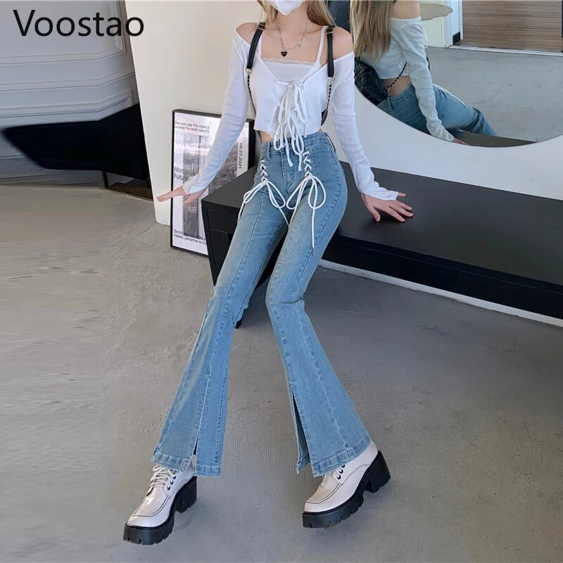 Vintage slatke traper hlače visokog struka, široke ženske šik hlače na vezanje, uske čizme, ženske ulične Y2K traperice, hlače za djevojčice