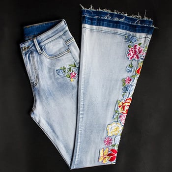 Y2k Vintage Skinny Floral Κέντημα Τζιν Γυναικείο Ψηλόμεσο Παντελόνι Flare Fit ανοιχτό μπλε τζιν Streetwear με φθαρμένο στρίφωμα