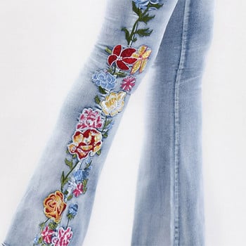 Y2k Vintage Skinny Floral Κέντημα Τζιν Γυναικείο Ψηλόμεσο Παντελόνι Flare Fit ανοιχτό μπλε τζιν Streetwear με φθαρμένο στρίφωμα