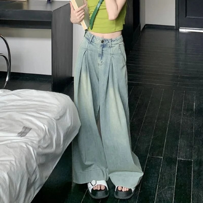 Ρετρό αμερικανικό ψηλόμεσο μονόχρωμο τζιν Γυναικείο φαρδύ ντραπέ παντελόνι με φαρδύ πόδι που σέρνεται στο πάτωμα Σχεδιασμός Αίσθηση μεγάλου παντελονιού