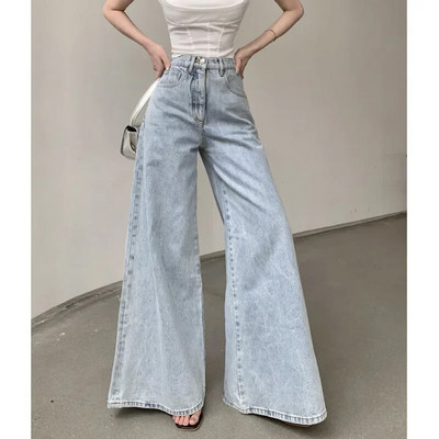 Ρετρό αμερικανικό ψηλόμεσο μονόχρωμο τζιν Γυναικείο φαρδύ ντραπέ παντελόνι με φαρδύ πόδι που σέρνεται στο πάτωμα Σχεδιασμός Αίσθηση μεγάλου παντελονιού