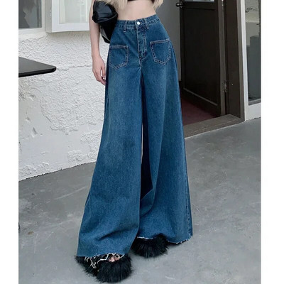 Ρετρό αμερικανικό ψηλόμεσο μονόχρωμο τζιν Γυναικείο φαρδύ ντραπέ παντελόνι με φαρδύ πόδι που σέρνεται στο πάτωμα Σχεδιασμός Αίσθηση μεγάλου παντελονιού