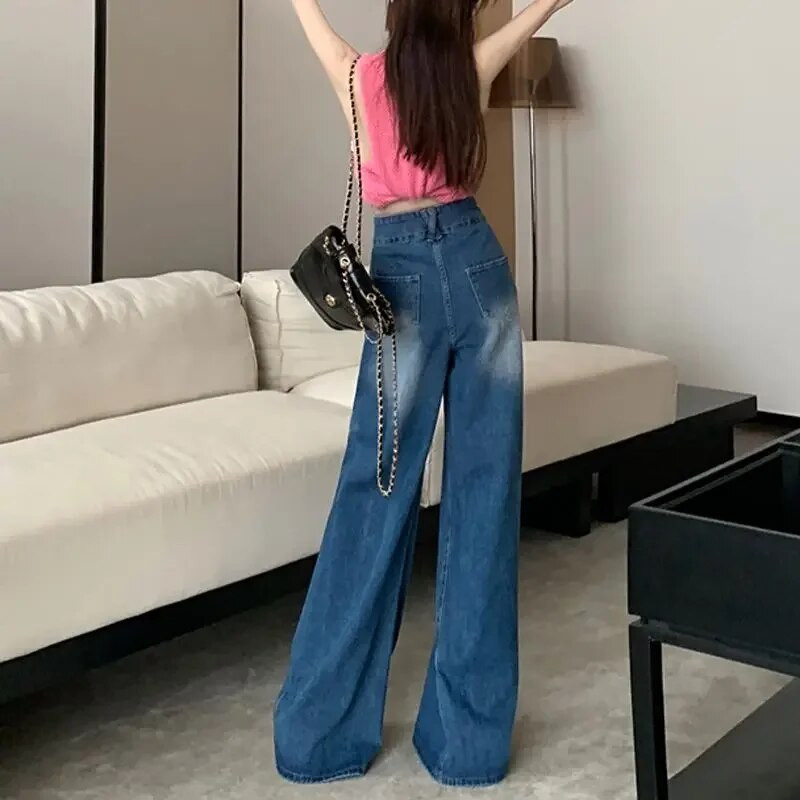 Ρετρό αμερικανικό ψηλόμεσο μονόχρωμο τζιν Γυναικείο φαρδύ ντραπέ παντελόνι με φαρδύ πόδι που σέρνεται στο πάτωμα Σχεδιασμός Αίσθηση μεγάλου παντελονιού