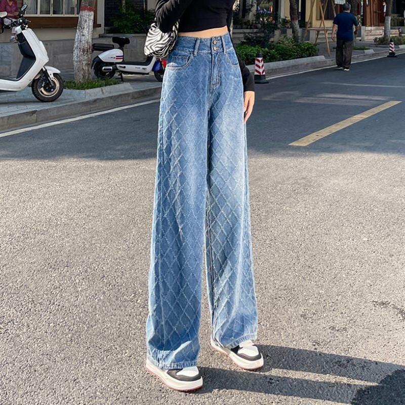 Proljeće/ljeto 2023., nove ravne karirane ženske traperice visokog struka, široki i uski modni trend hlača