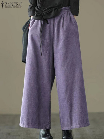 ZANZEA Pantaloni largi supradimensionați pentru femei Pantaloni lungi din velur de toamnă cu talie înaltă Pantaloni calduri casual Pantaloni largi cu picioare largi