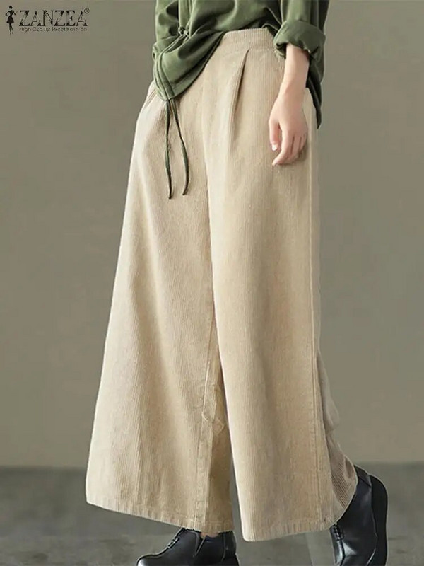 ZANZEA Prevelike vrećaste hlače Ženske duge hlače od samta Jesenske tople pantalone s visokim strukom Ležerne široke hlače širokih nogavica