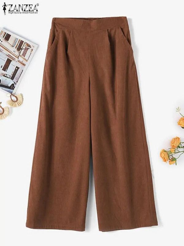ZANZEA Prevelike vrećaste hlače Ženske duge hlače od samta Jesenske tople pantalone s visokim strukom Ležerne široke hlače širokih nogavica