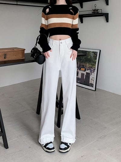 Jielur új, őszi, magas derekú, bő női farmerek egyszínű karcsú, divatos női farmernadrág fehér egyszerű, egyszerű, egyenes lábú, női nadrág