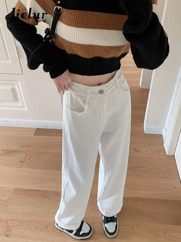 Jielur új, őszi, magas derekú, bő női farmerek egyszínű karcsú, divatos női farmernadrág fehér egyszerű, egyszerű, egyenes lábú, női nadrág