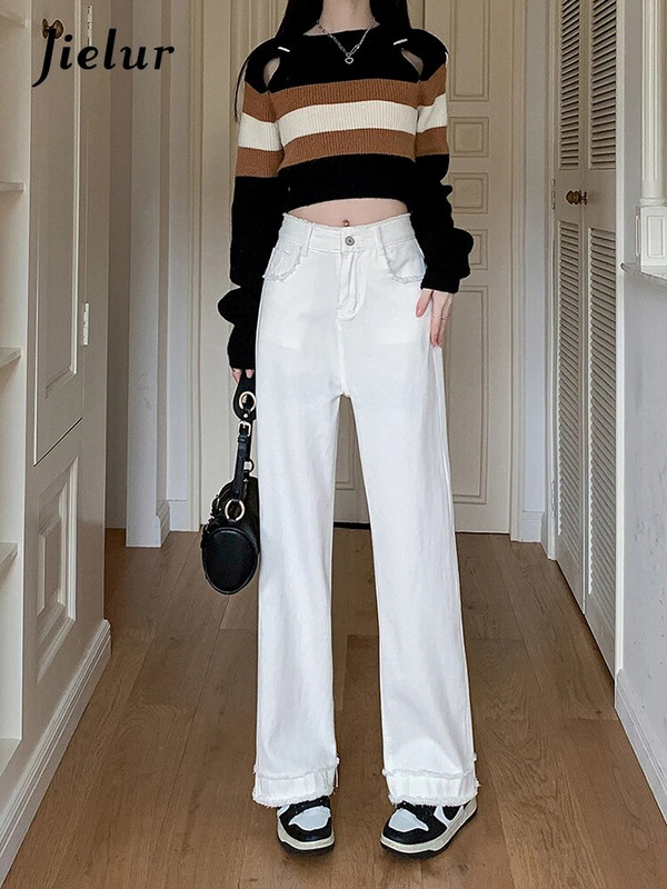 Jielur új, őszi, magas derekú, bő női farmerek egyszínű karcsú, divatos női farmernadrág fehér egyszerű, egyszerű, egyenes lábú, női nadrág