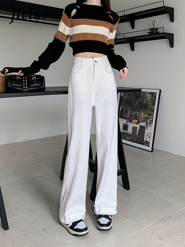 Jielur új, őszi, magas derekú, bő női farmerek egyszínű karcsú, divatos női farmernadrág fehér egyszerű, egyszerű, egyenes lábú, női nadrág
