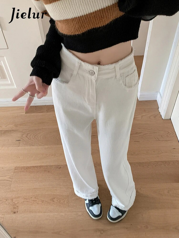 Jielur új, őszi, magas derekú, bő női farmerek egyszínű karcsú, divatos női farmernadrág fehér egyszerű, egyszerű, egyenes lábú, női nadrág
