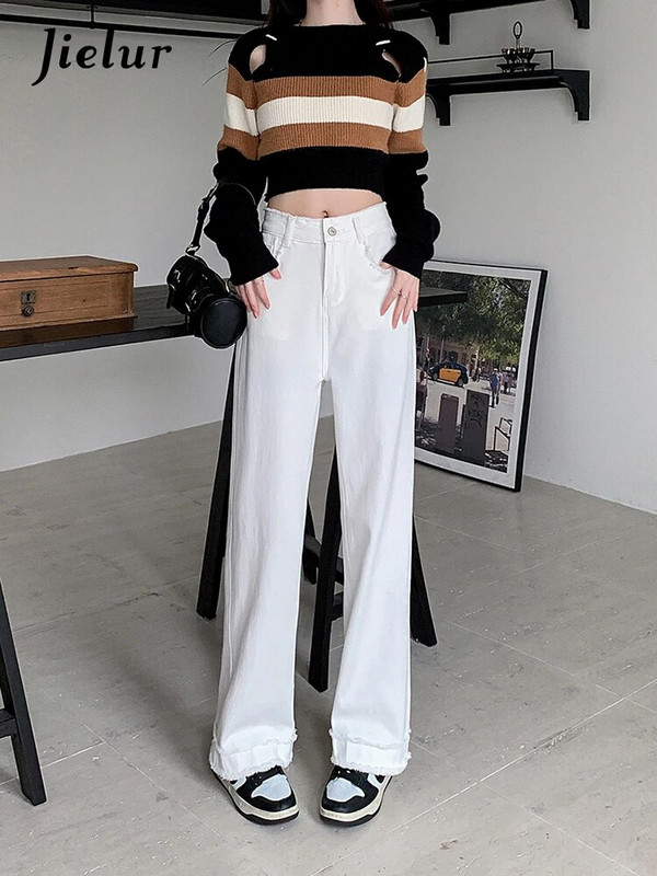 Jielur új, őszi, magas derekú, bő női farmerek egyszínű karcsú, divatos női farmernadrág fehér egyszerű, egyszerű, egyenes lábú, női nadrág
