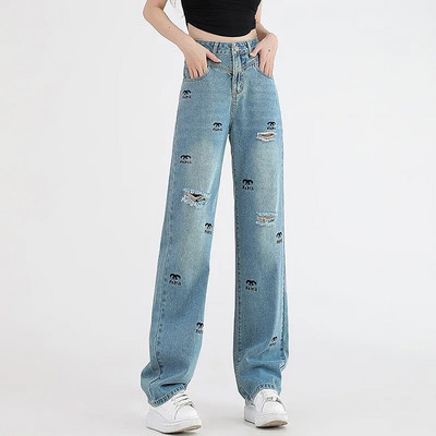 Korejski modni brend traper hlače Ženske ravne traperice s vezom Y2k High Street široke hlače Hlače trenirke