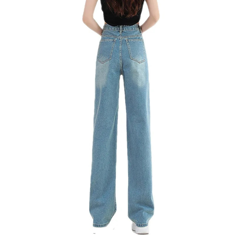 Korejski modni brend traper hlače Ženske ravne traperice s vezom Y2k High Street široke hlače Hlače trenirke