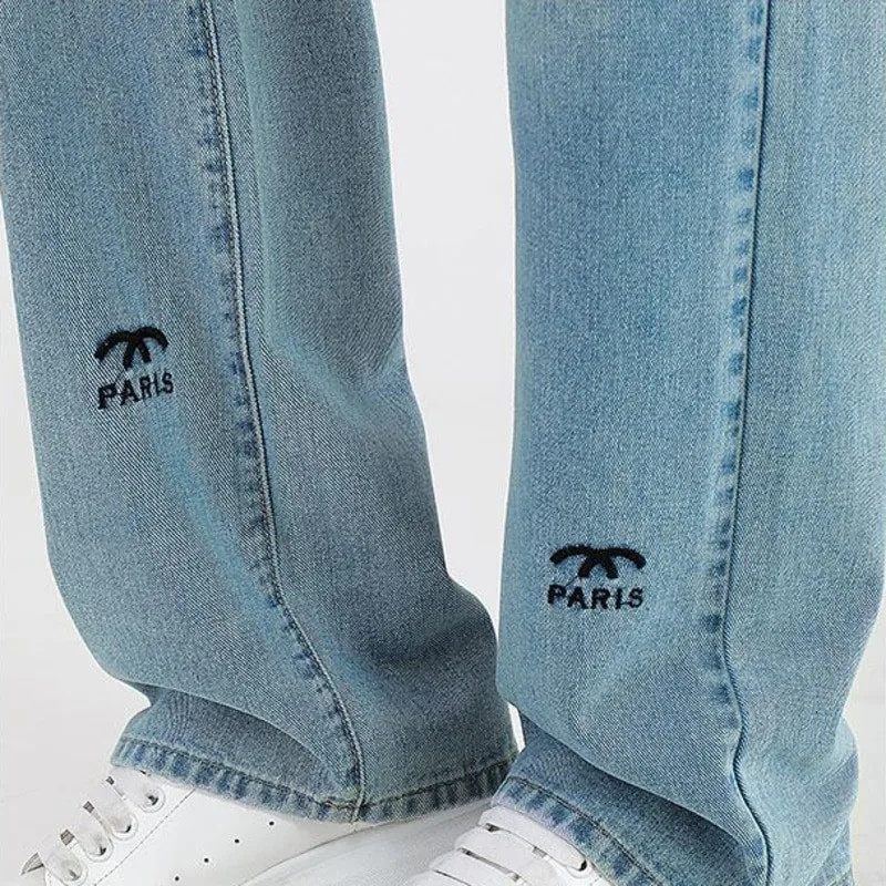 Korejski modni brend traper hlače Ženske ravne traperice s vezom Y2k High Street široke hlače Hlače trenirke