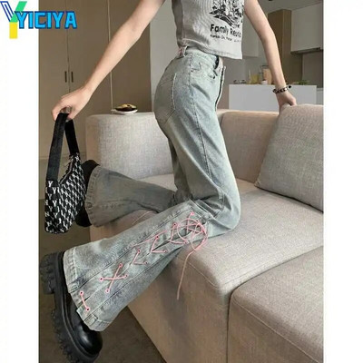 YICIYA Y2K cargo Flare Jeans bandage design панталони blue Jean Washed fashion Clothes boot cut pant new outfits 90s vintage 2024