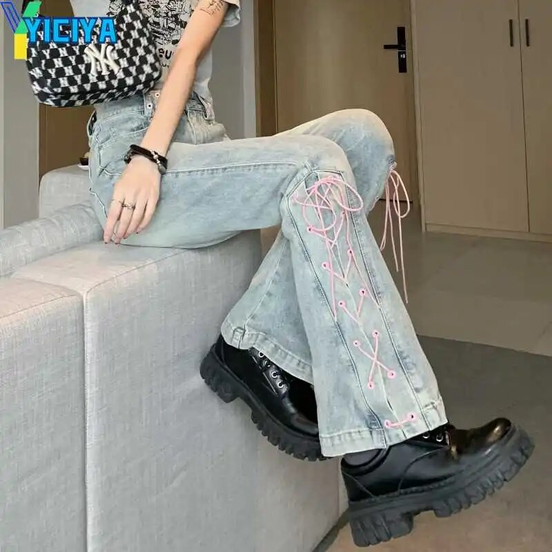YICIYA Y2K cargo Flare Jeans bandage design hlače blue Jean Washed fashion Clothes boot cut hlače new outfits 90s vintage 2024