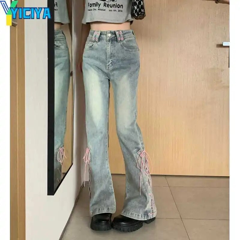 YICIYA Y2K cargo Flare Jeans bandage design hlače blue Jean Washed fashion Clothes boot cut hlače new outfits 90s vintage 2024