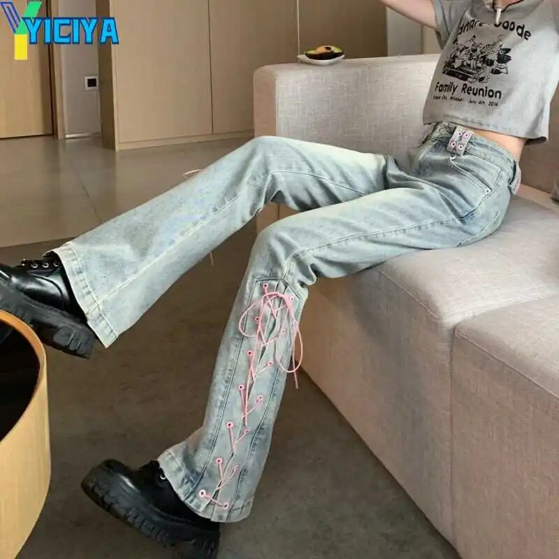 YICIYA Y2K cargo Flare Jeans bandage design hlače blue Jean Washed fashion Clothes boot cut hlače new outfits 90s vintage 2024
