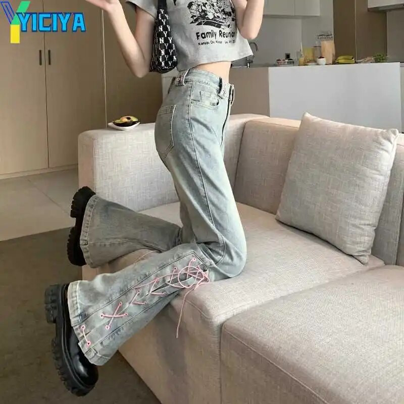 YICIYA Y2K cargo Flare Jeans bandage design hlače blue Jean Washed fashion Clothes boot cut hlače new outfits 90s vintage 2024