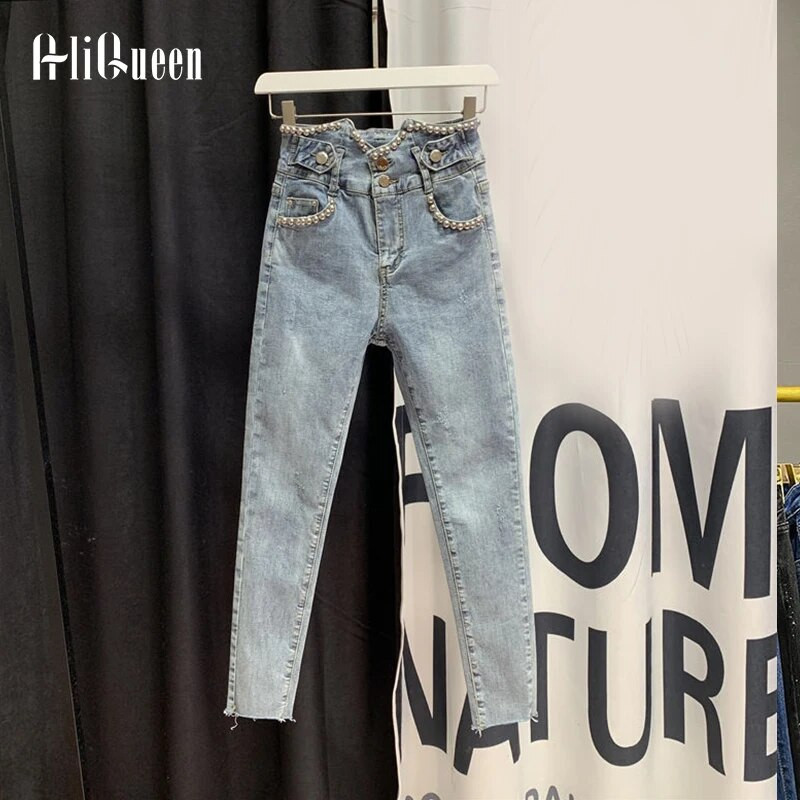 Streetwear Ženske vintage uske vezene traper hlače visokog struka Ženske traperice do gležnja Mom Pencil Jeans