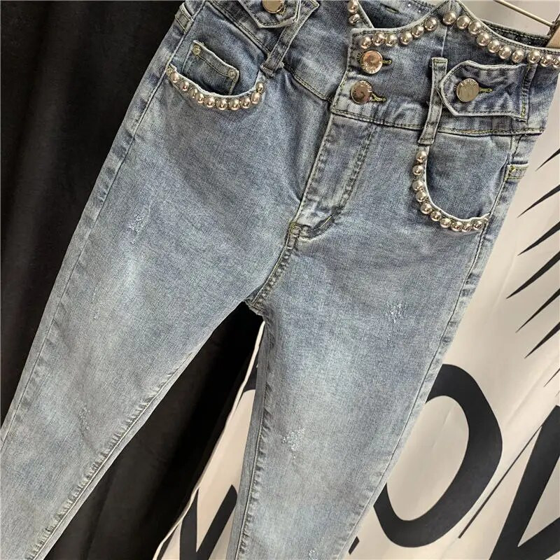 Streetwear Ženske vintage uske vezene traper hlače visokog struka Ženske traperice do gležnja Mom Pencil Jeans