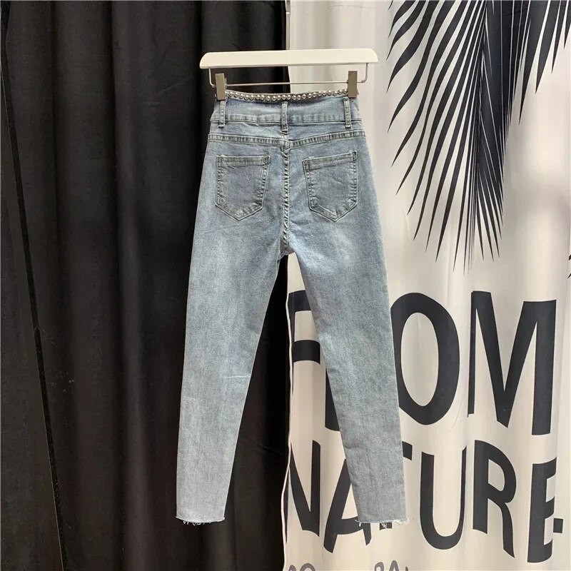 Streetwear Ženske vintage uske vezene traper hlače visokog struka Ženske traperice do gležnja Mom Pencil Jeans