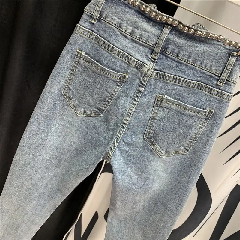 Streetwear Ženske vintage uske vezene traper hlače visokog struka Ženske traperice do gležnja Mom Pencil Jeans