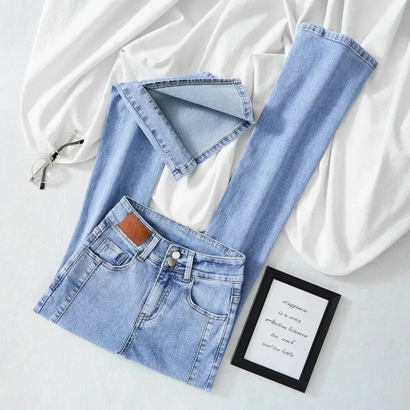 Plačios tamprios džinsai Moteriški vasaros mados Viso derinimo savaime auginančios kelnės Didelio dydžio aukštu juosmeniu skeltu šluostymo kelnės Z341