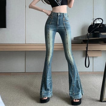 y2k Flared Jeans Streetwear Rise Rivet Stittching Cargo Pants 90s Grunge Γυναικείο τζιν παντελόνι Vintage Νέο