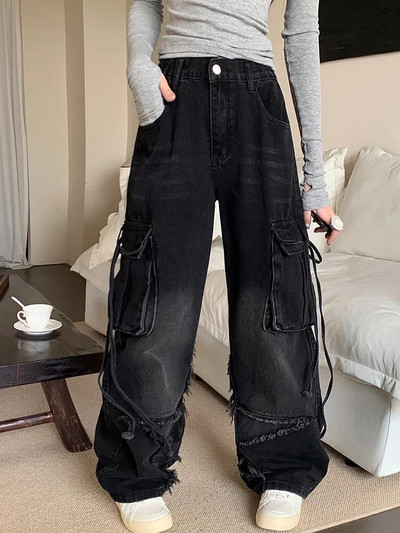 Y2K Streetwear Star Embroidery Washed Black Baggy Stacked Cargo Jeans Панталони Дамски дрехи Дамски панталони с множество джобове Широки крачоли