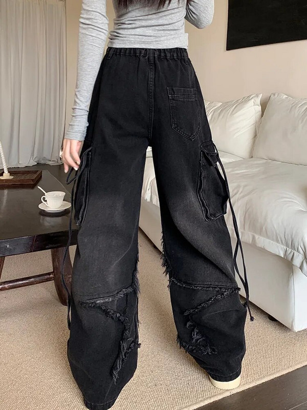 Y2K Streetwear Star Vez Isprane crne vrećaste naslagane Cargo jeans hlače Ženska odjeća Ženske hlače širokih nogavica s više džepova