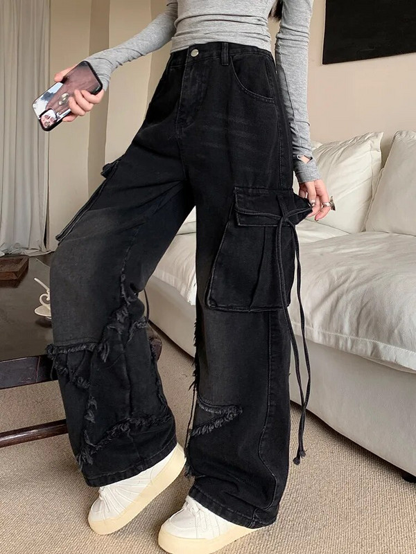 Y2K Streetwear Star Vez Isprane crne vrećaste naslagane Cargo jeans hlače Ženska odjeća Ženske hlače širokih nogavica s više džepova