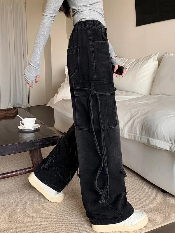 Y2K Streetwear Star Vez Isprane crne vrećaste naslagane Cargo jeans hlače Ženska odjeća Ženske hlače širokih nogavica s više džepova