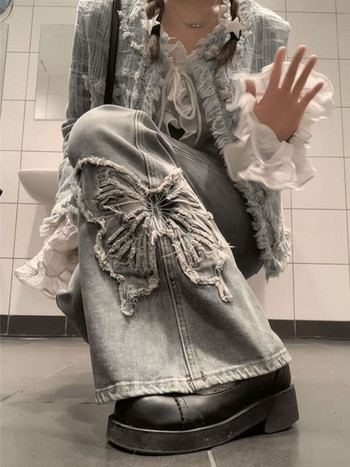 HOUZHOU Y2k Flare Jeans Γυναικεία Vintage Grunge Gyaru Μπλε τζιν παντελόνι Φαρδύ Harajuku Acubi Fashion Κορεατικά Streetwear Τζιν παντελόνι