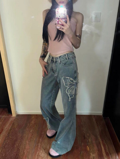 HOUZHOU Y2k Flare Jeans Ženske vintage grunge Gyaru plave traper hlače Baggy Harajuku Acubi modne korejske ulične traper hlače