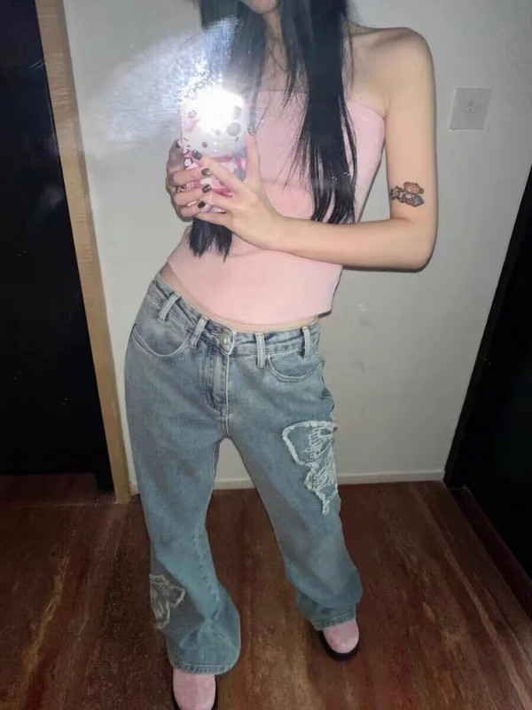 HOUZHOU Y2k Flare Jeans Ženske vintage grunge Gyaru plave traper hlače Baggy Harajuku Acubi modne korejske ulične traper hlače