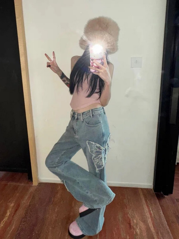 HOUZHOU Y2k Flare Jeans Ženske vintage grunge Gyaru plave traper hlače Baggy Harajuku Acubi modne korejske ulične traper hlače