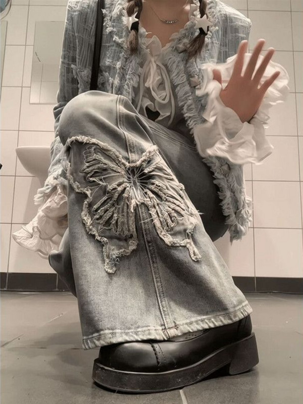 HOUZHOU Y2k Flare Jeans Ženske vintage grunge Gyaru plave traper hlače Baggy Harajuku Acubi modne korejske ulične traper hlače