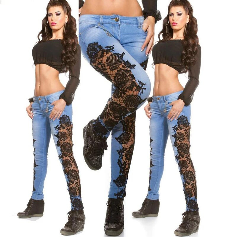 Ženske čipkaste traperice popularne u Europi i Americi Stilski uski ženski pencil jeans hlače Hot seksi uske traperice Club Wear S2825