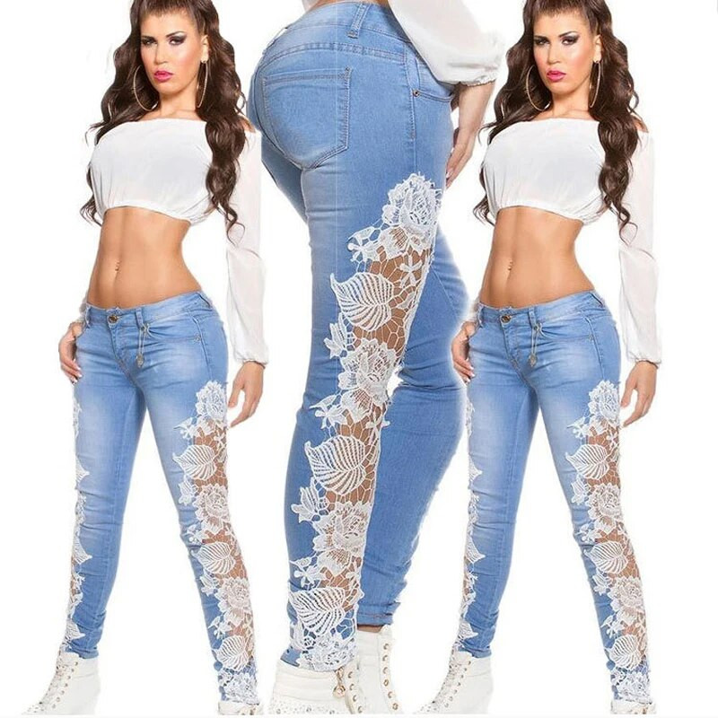 Ženske čipkaste traperice popularne u Europi i Americi Stilski uski ženski pencil jeans hlače Hot seksi uske traperice Club Wear S2825