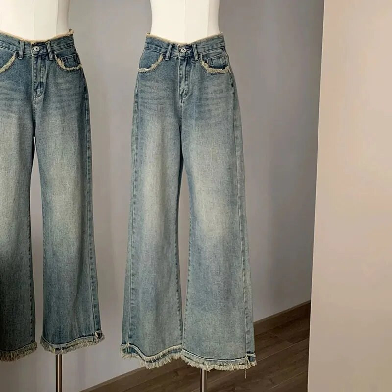 Biyaby Raw Edge traper hlače širokih nogavica Ženske vintage 2024 široke traperice visokog struka Ženska ležerna ulična odjeća Do stare ravne hlače