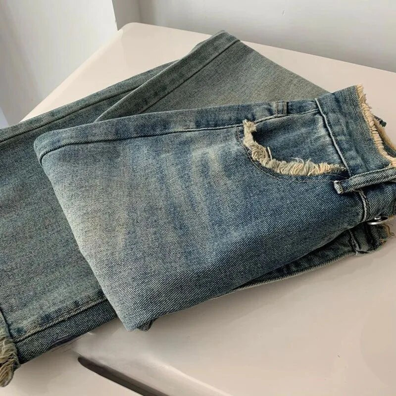Biyaby Raw Edge traper hlače širokih nogavica Ženske vintage 2024 široke traperice visokog struka Ženska ležerna ulična odjeća Do stare ravne hlače