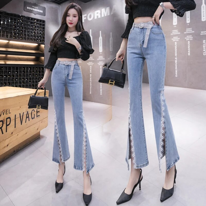 Pantaloni de blugi pentru femeie, primăvară, toamnă, pantaloni elastici cu talie mijlocie, pantaloni cu mărgele din dantelă, cu fundul clopot, Pantalones Vaqueros Mujer